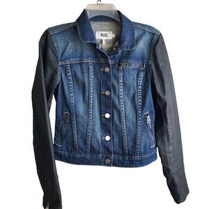 Paige Women’s Denim Moto Jacket S Edgy Streetwear Wax Coated Sleeves Mixed Media